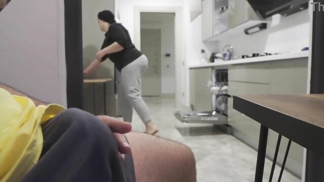 Chubby stepmom caught me jerking off to her big ass and gave me a spanking