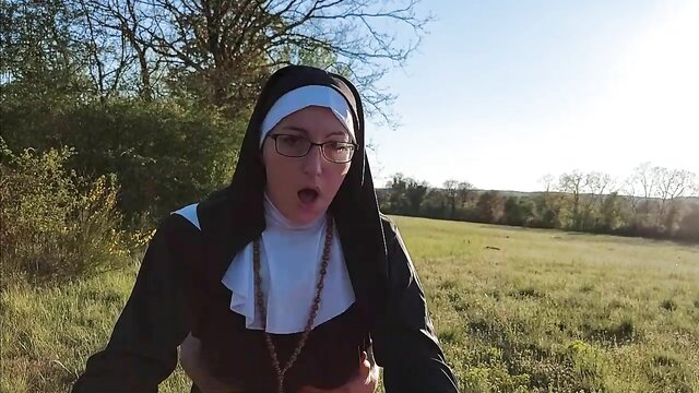 A man watches as a nun gets her butt hole filled with cum in public